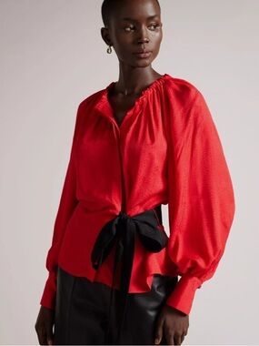 Ted Baker Red Billowy Sleeve Blouse with Black Waist Tie
